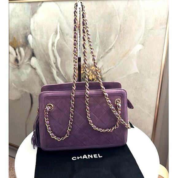 CHANEL Vintage Purple Quilted Suede Chain Link Shoulder Bag CC Logo Tassel Charm - Picture 16 of 16